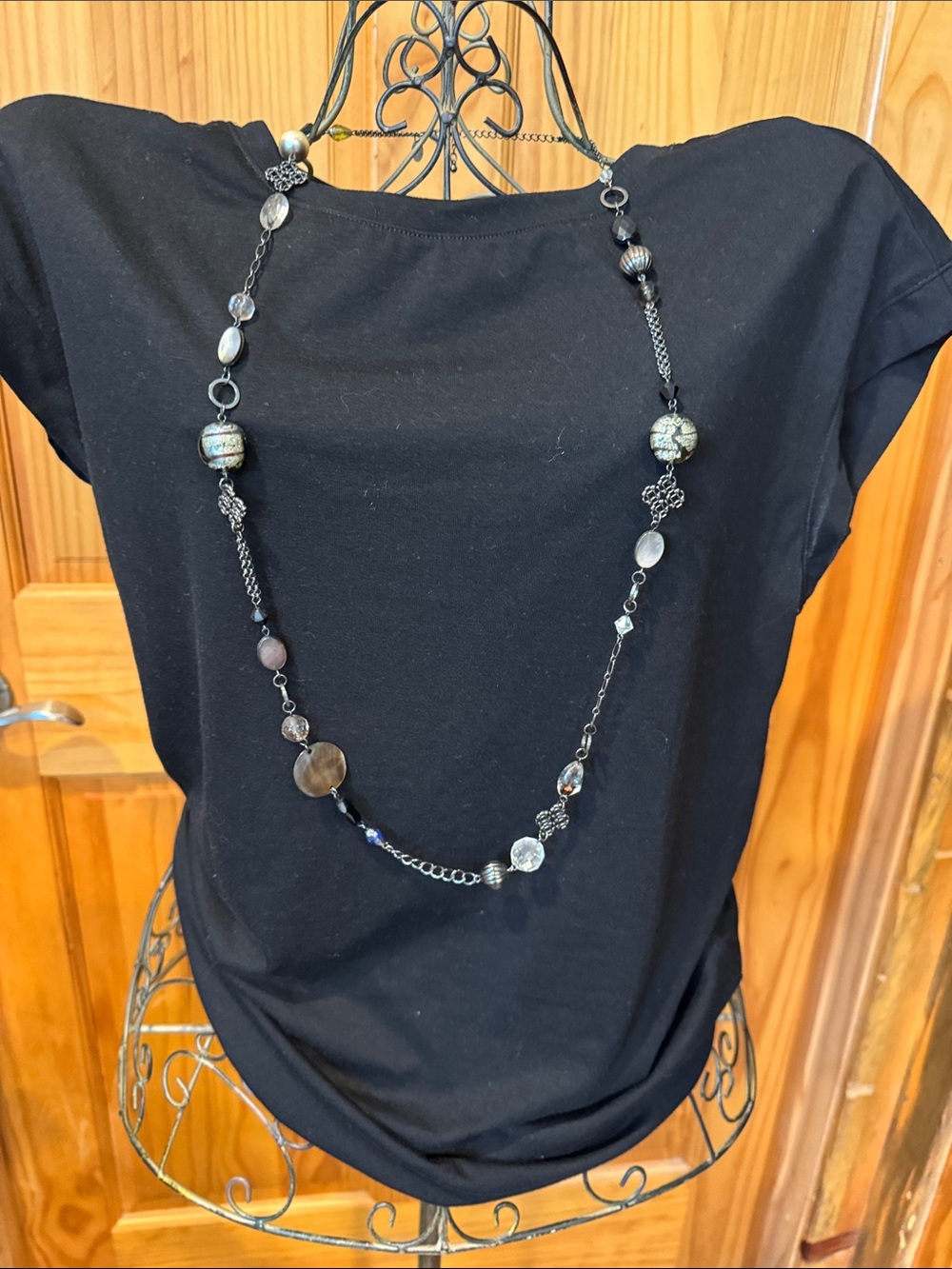 Lia Sophia Long Mixed Bead Necklace - Black and Silver Tones